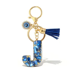 Porte-clés Bleu Lettre J Cuir Mauvais Œil Mignon Résine Or Métal Glands Pendentif Charme de Sac Mode Bijoux Cadeau