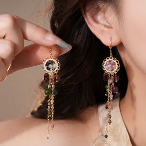 Boucles d'oreilles tassel fleur zircon vintage bohème pierres colorées pendantes bijoux