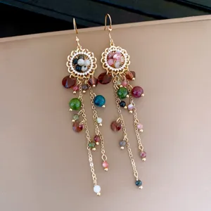 Boucles d'oreilles pendantes vintage ethniques fleur zircon pierres colorées chic.