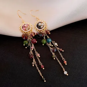 Rétro ethnique style zircon fleur coloré pierre glands boucles d'oreilles luxe pendant modele