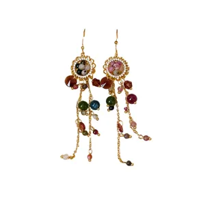 Boucles d'Oreilles Pendantes Tassel en Pierre Colorée Florale Zirconia Cuivre Ethnique Vintage Avec Tige en Argent Sterling 925