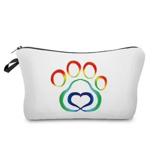 Bolsa de maquillaje cosmética portátil con estampado de huella de arco iris, cierre de cremallera.