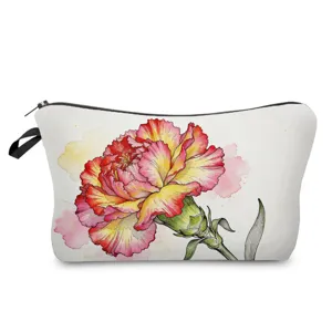 Floral print cosmetic bag, watercolor carnation makeup pouch, portable storage clutch.
