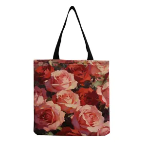 Sac cabas en toile avec impression de roses de peinture à l'huile, grand sac à main.