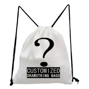 White canvas drawstring backpack with custom printed question mark for casual daily use.