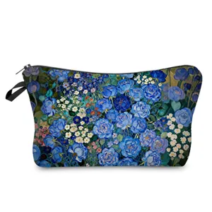 Blue floral oil painting print cosmetic bag with zipper closure and strap detail for daily use.