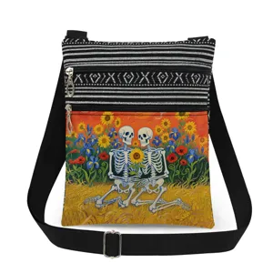 Borsa a tracolla casual alla moda con righe bianche e nere e stampa teschio artistica