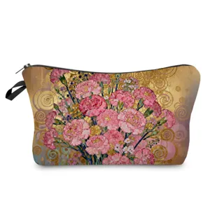 Floral print cosmetic bag with gold spiral pattern, stylish zipper makeup pouch for daily use.