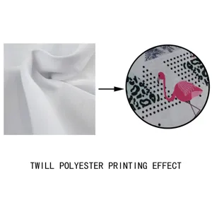 Detailed view of the twill polyester fabric showing clear texture and vibrant flamingo print.