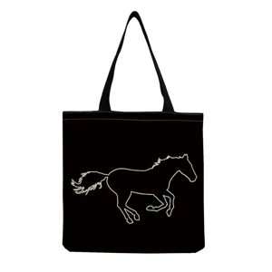 Black canvas tote bag with white horse print, large capacity reusable daily shopping shoulder bag.