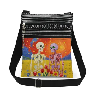 Borsa a tracolla in tela alla moda con stampa artistica di scheletri e doppia cerniera.