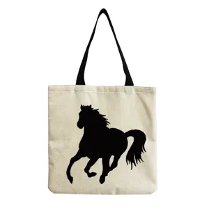 Canvas tote bag featuring a black horse silhouette print, large capacity reusable shopping bag.