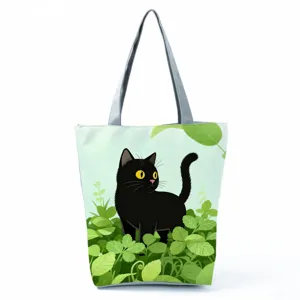 Black cat print canvas tote bag casual daily shoulder handbag shopping bag cute animal pattern