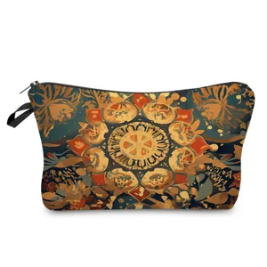 Mandala print cosmetic bag detail, vintage ethnic style makeup pouch, handy travel storage case.