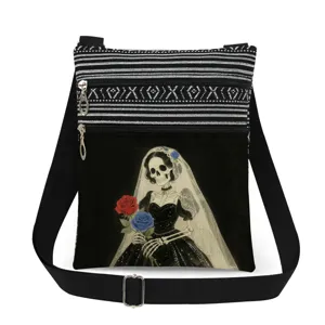 Borsa a tracolla in tela alla moda con stampa sposa scheletro gotico e doppia zip.