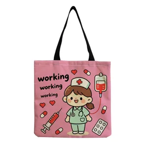 Borsa shopper in tela rosa con stampa infermiera carina, pratica borsa a spalla quotidiana.