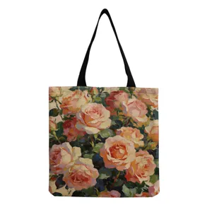 Sac cabas en toile détail, imprimé floral rose peinture à l'huile, sac portable design.