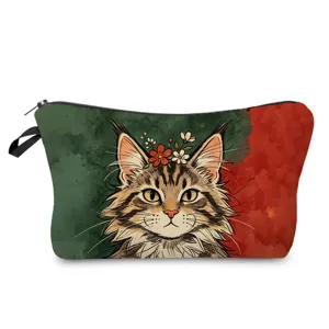 Detailaufnahme Kosmetiktasche mit Katzen-Motiv, süße Make-up-Tasche, tragbare Aufbewahrung.