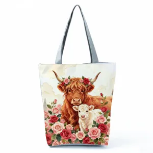 Highland cow print canvas tote bag, large capacity shoulder handbag with zipper closure.