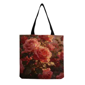 Sac cabas en toile avec imprimé roses peinture à l'huile rétro, grand sac shopping d'épaule.