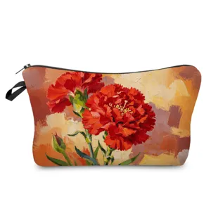Detailed view of the oil painting floral makeup bag, featuring vibrant red carnation prints.