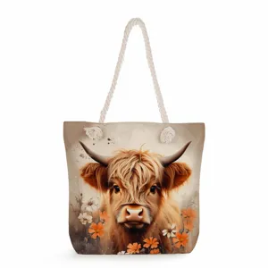 Highland cow print canvas tote bag, stylish thick rope shoulder bag for daily casual use.