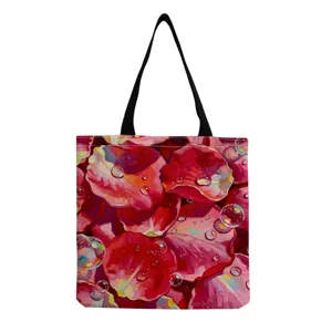 Sac cabas en toile avec impression peinture à l'huile de pétales rouges, fourre-tout chic.