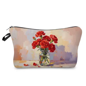 Artistic oil painting floral print cosmetic bag, convenient zipper clutch for daily makeup storage.
