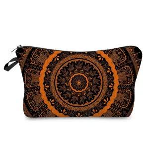 Bolsa de cosméticos con estampado de mandala calabaza negra naranja estuche de maquillaje.