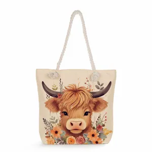 Cute highland cow print canvas tote bag, large capacity shoulder handbag with thick rope handles.