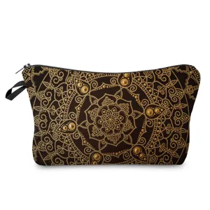 Bolso cosmético con estampado de mandala dorado neceser de maquillaje elegante uso diario.
