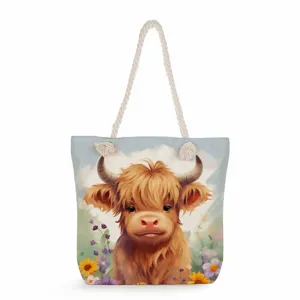 Highland cow print canvas tote bag featuring thick rope handles, large capacity casual handbag.