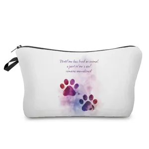 Bolsa de maquillaje portátil con estampado de huellas de perro, neceser para viajes y cosméticos
