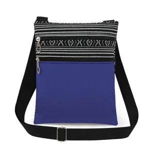 Gedetailleerd overzicht van de schoudertas met dubbele rits, strepen en blauw paneel.