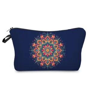 Navy blue mandala print cosmetic bag detail, colorful floral makeup pouch and storage organizer.
