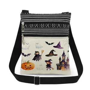 Borsa a tracolla con stampa acquerello di Halloween con doppia cerniera e righe bianche.