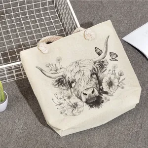 Women Large Capacity Highland Cow Print Tote Bag Polyester Shoulder Bag With Thick Rope Handle Zipper Shopping Bag