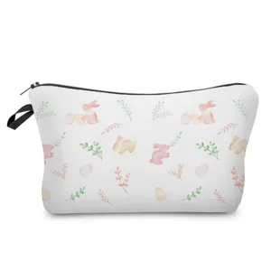 Trousse de maquillage de Pâques avec motif aquarelle doux, tissu résistant et fermeture éclair noire.