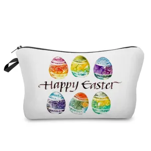 Trousse à Cosmétiques Imprimé Lapin de Pâques Lavable en Poliester Sac de Voyage Imprimé Oeufs de Pâques Organisateur de Maquillage