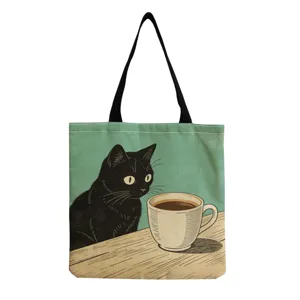 Black cat printed canvas shoulder tote bag, casual retro coffee cup pattern shopping handbag.