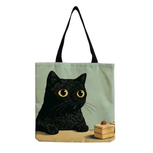 Canvas tote bag with cute black cat print, casual retro shopping handbag, portable foldable.