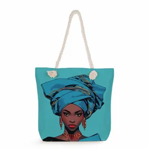 Sac cabas en toile tendance avec impression élégante de femme africaine et anses en corde.