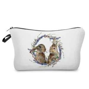 Trousse de maquillage lapin de Pâques aquarelle, pochette de rangement florale pour voyage.