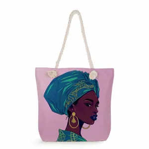 Vue détaillée du sac cabas fourre-tout rose élégant avec impression de femme africaine.