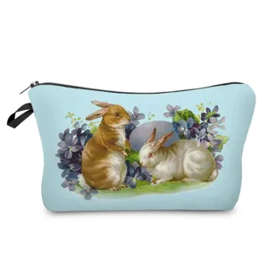 Trousse de maquillage imprimé lapin de Pâques, pochette de rangement rétro fleurs.