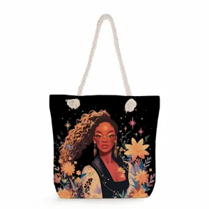 Grand sac cabas noir pour femme, sac shopping d'épaule en toile avec imprimé artistique.