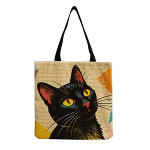 Vintage black cat canvas tote bag for women, casual shopping shoulder bag with cute animal art print.
