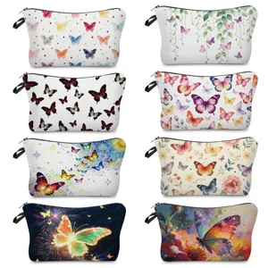 Fashion Butterfly Floral Printed Cosmetic Bag Polyester Makeup Pouch Lip Balm Nail Polish Storage Zipper Handbag Clutch For Travel Daily Women Organizer