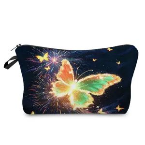 Detailed view of the butterfly print cosmetic bag, featuring vibrant glowing art for daily use.
