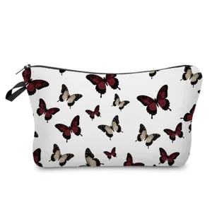 White cosmetic bag featuring a stylish dark red and cream butterfly print pattern.